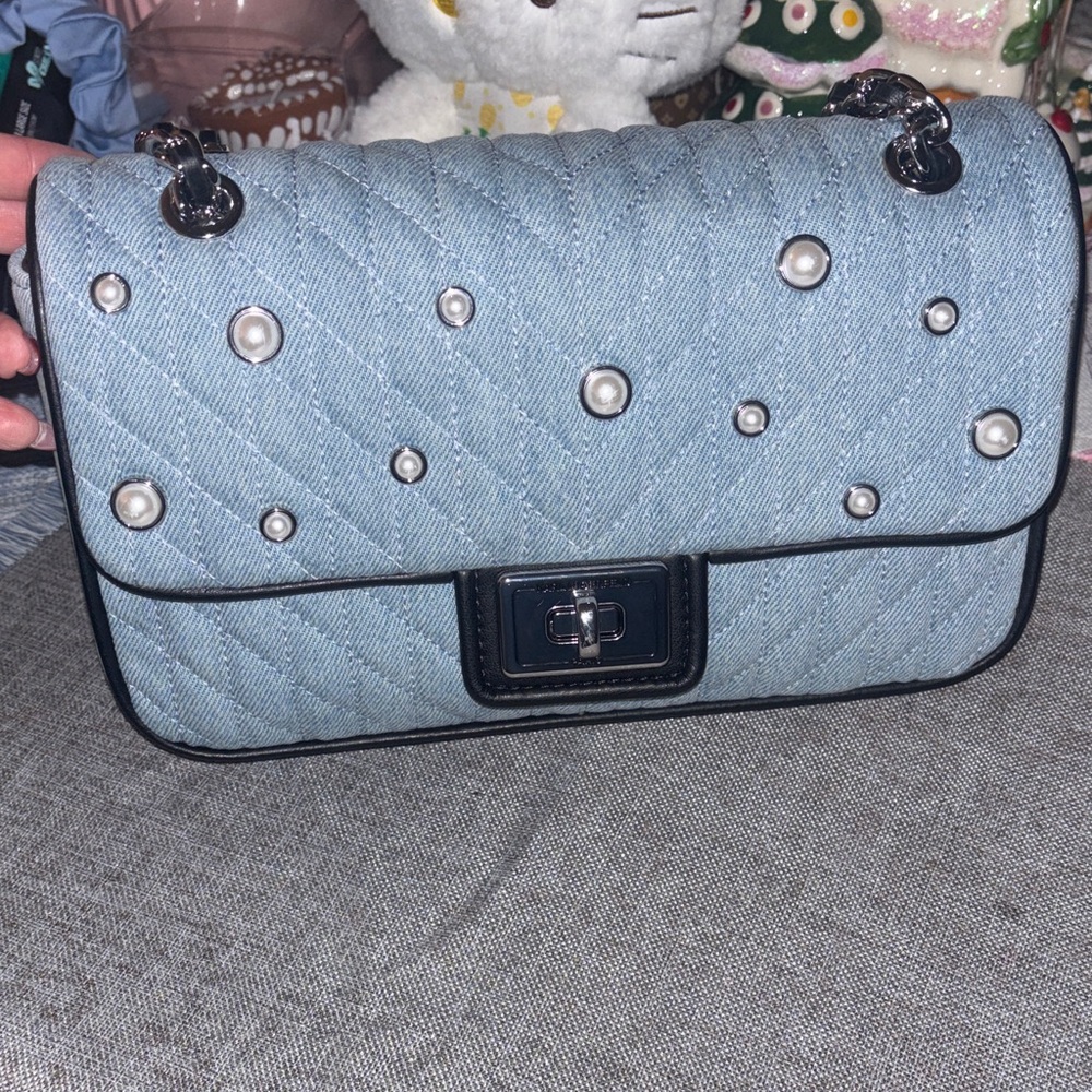 Karl Lagerfeld Elegant Blue Quilted Handbag with Pearl Accents